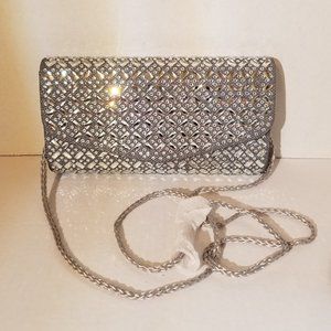 NEW Kate Landry Glass Crystal Clutch Silver Evening Shoulder Bag Two Handles